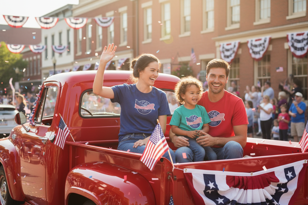 Family in vintage red Ford